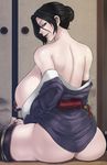  1girl ass black_hair breasts dark_areolae huge_breasts japanese_clothes looking_at_viewer mole okai original solo 