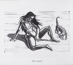  2000 ambiguous_gender black_and_white breasts cat covering covering_crotch feline female feral fur hair human humor karl_gustav_gjertsen leaning mammal monochrome norwegian_text nude smile text traditional_media_(artwork) 