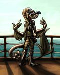  2015 3_toes 4_fingers ambiguous_gender anthro arm_fins arm_tuft athletic biped clothed clothing commissar-k digital_media_(artwork) digital_painting_(artwork) fin fish flat_chested frill frilled_shark front_view full-length_portrait grey_skin hat leg_tuft long_neck long_tail marine no_pupils open_mouth partially_clothed portrait pose raised_leg sea shark sharp_teeth sky smile solo standing tail_fin teeth toes topless water webbed_hands 