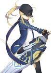  absurdres ahoge artoria_pendragon_(all) baseball_cap black_legwear black_scarf blonde_hair commentary_request covered_mouth dual_wielding fate_(series) floating_hair god_eater green_eyes hat highres holding holding_sword holding_weapon jhcrow legs_apart looking_at_viewer mysterious_heroine_x open_track_jacket ponytail rojiura_satsuki:_chapter_heroine_sanctuary scarf shorts sidelocks simple_background solo standing sword thighhighs weapon white_background 