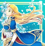  blonde_hair elbow_gloves fingerless_gloves floral_background from_side gloves green_eyes kaidou_mitsuki long_hair long_sleeves pointy_ears princess_zelda smile solo the_legend_of_zelda the_legend_of_zelda:_breath_of_the_wild tiara twitter_username very_long_hair wide_sleeves 