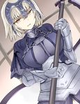  alternate_costume annoyed armor armored_dress blonde_hair breasts capelet chain commentary_request fate/grand_order fate_(series) flag gauntlets headpiece jeanne_d'arc_(alter)_(fate) jeanne_d'arc_(fate)_(all) large_breasts revision sabujiroko short_hair solo yellow_eyes 
