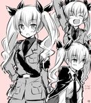  :d ^_^ akane_souichi anchovy anzio_military_uniform anzio_school_uniform bangs blush bow closed_eyes closed_mouth eyebrows_visible_through_hair fang girls_und_panzer greyscale hair_between_eyes hair_bow hand_on_hip light_smile military military_uniform monochrome multiple_views open_mouth ringlets sketch smile twintails uniform 