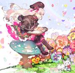  animal beret black_bow black_footwear black_hat black_neckwear black_skirt blue_flower book boots bow bowtie capelet commentary_request fate/extra fate/grand_order fate_(series) flower food_print frilled_skirt frills fur_trim hat hat_bow long_hair multicolored_bow mushroom mushroom_print namie-kun nursery_rhyme_(fate/extra) open_mouth pansy petals pink_bow pink_flower purple_flower red_bow red_flower red_neckwear silver_hair sitting skirt smile striped striped_bow striped_neckwear yellow_flower 