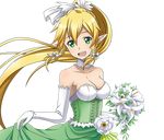  ;d blonde_hair bouquet bow breasts choker cleavage collarbone dress elbow_gloves flower gloves green_dress green_eyes hair_bow hair_ribbon high_ponytail holding holding_bouquet leafa long_hair medium_breasts official_art one_eye_closed open_mouth pointy_ears ribbon shiny shiny_skin sideboob skirt_hold sleeveless sleeveless_dress smile solo standing strapless strapless_dress sword_art_online sword_art_online:_code_register transparent_background upper_body very_long_hair white_flower white_gloves white_ribbon 