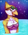  anthro avian beak bikini bird clothed clothing eyewear female goggles goggles_on_head half-closed_eyes looking_at_viewer meep. open_beak open_mouth partially_submerged solo swimsuit water 