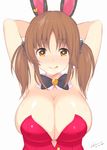  :q animal_ears armpits arms_behind_head arms_up bangs bare_shoulders black_bow blush bow bowtie breasts brown_eyes brown_hair bunny_ears cleavage dated detached_collar eyebrows_visible_through_hair hair_bow heart heart-shaped_pupils idolmaster idolmaster_cinderella_girls kuavera large_breasts leotard licking_lips looking_at_viewer red_leotard signature simple_background smile solo sweat symbol-shaped_pupils tongue tongue_out totoki_airi twintails twitter_username upper_body white_background 