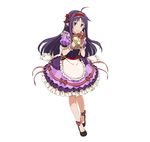  ahoge apron blush dress frilled_apron frilled_dress frilled_hairband frills full_body hairband holding long_hair looking_at_viewer official_art pointy_ears purple_dress purple_hair red_eyes red_hairband short_sleeves smile solo standing striped sword_art_online sword_art_online:_code_register transparent_background vertical-striped_dress vertical_stripes white_apron yuuki_(sao) 