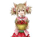  :d animal_ears brown_hair cat_ears food fruit hair_between_eyes layered_skirt long_hair looking_at_viewer official_art open_mouth pink_shirt red_eyes red_skirt shirt short_sleeves short_twintails silica silica_(sao-alo) skirt smile solo strawberry sword_art_online sword_art_online:_code_register transparent_background twintails upper_body 