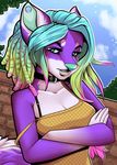  5_fingers anthro blue_eyes breasts canine closed collar cyan_nose day detailed_background female mammal outside robyn_paperdoll smile solo 