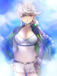  asymmetrical_hair blue_background braid breasts cape cloud_print cowboy_shot crop_top gradient gradient_background jitome kantai_collection large_breasts long_hair looking_at_viewer midriff miniskirt navel parted_lips pleated_skirt primary_stage silver_hair single_braid skirt solo thighhighs twitter_username unryuu_(kantai_collection) very_long_hair wavy_hair yellow_eyes 