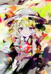  abstract abstract_background anabone blonde_hair blue_eyes blush bow colorful commentary_request dress hat hat_ribbon highres kana_anaberal looking_at_viewer ribbon short_hair smile solo touhou white_hat 