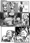  2017 anthro bluedouble blush boxers_(clothing) canine clothed clothing collar comic crossed_arms dialogue disney electrocution english_text female fox greyscale humor judy_hopps kissing lagomorph male male/female mammal monochrome nick_wilde rabbit shock_collar sweat sweatdrop tears text topless underwear url zistopia zootopia 