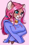  anthro bell blue_eyes breasts cat closed clothing collar eyelashes feline female hair hoodie mammal pink_hair pink_nose pink_tongue robyn_paperdoll smile tongue 
