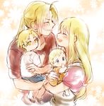  2boys 2girls baby blonde_hair blue_eyes blush brothers carrying child edward_elric eyebrows_visible_through_hair eyes_closed family father_and_daughter father_and_son floral_background fullmetal_alchemist grin happy long_hair looking_at_viewer mother_and_daughter mother_and_son multiple_boys multiple_girls open_mouth pink_background ponytail short_hair siblings smile spoilers tsukuda0310 winry_rockbell yellow_eyes 