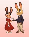  2017 alec8ter anthro barefoot belt buckteeth clothed clothing disney dress duo fan_character female gradient_background lagomorph male mammal rabbit signature simple_background standing teeth zootopia 