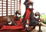  :d architecture black_hair black_pants black_shirt blush cape chibi commentary_request east_asian_architecture family_crest fate/grand_order fate_(series) hat highres japanese_clothes keikenchi_(style) koha-ace long_hair long_sleeves military military_hat military_uniform multiple_girls multiple_persona o_o oda_nobunaga_(fate) oda_uri open_mouth pants peaked_cap red_cape red_eyes revision shirt shunichi sitting smile translated uniform v_arms 