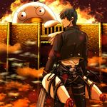  a_grim_reminder black_hair black_jacket black_pants crossover defensive_wall elizabeth_(gintama) eriyama fire from_behind gintama hijikata_toushirou holding holding_sword holding_weapon jacket looking_back pants paradis_military_uniform parody shingeki_no_kyojin shirt standing sword three-dimensional_maneuver_gear wall weapon white_shirt 