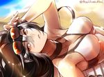  adapted_costume armpits bare_arms bare_shoulders bikini_top black_hair breasts cleavage collarbone hair_between_eyes halterneck kantai_collection large_breasts looking_at_viewer lying midriff nagato_(kantai_collection) navel on_back orange_eyes parted_lips primary_stage solo sunglasses 