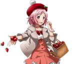  :d blush collarbone dress food frilled_dress frills fruit grey_jacket hair_ornament hairclip hat high-waist_skirt jacket jewelry lisbeth lisbeth_(sao-alo) looking_at_viewer mob_cap necklace official_art open_clothes open_jacket open_mouth outstretched_arm pink_hair pointy_ears red_dress red_eyes red_hat short_dress short_hair skirt smile solo strawberry sword_art_online sword_art_online:_code_register transparent_background upper_body 