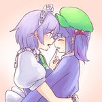 blue_dress blue_hair closed_eyes dress face-to-face finger_to_another's_mouth from_side green_hat grey_hair hair_bobbles hair_ornament hat highres hug izayoi_sakuya kawashiro_nitori looking_at_another multiple_girls open_mouth touhou upper_body wrist_cuffs yoruny yuri 