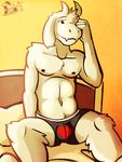  &lt;3 anthro asriel_dreemurr bed boss_monster boxers_(clothing) brown_eyes bulge caprine clothed clothing fangs fur goat hand_on_face horn looking_at_viewer male mammal monster nipples pillow sharp_teeth simple_background sitting smile solo teeth topless undertale underwear ventkazemaru video_games waking_up white_fur yellow_background 