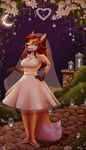  5_fingers anthro brown_nose canine closed clothing detailed_background dress eyelashes female fox grass green_eyes hair mammal night red_hair robyn_paperdoll smile solo standing wedding_dress 