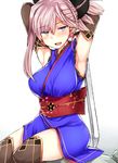  armpits arms_up blue_eyes blush breasts commentary elbow_gloves eyebrows_visible_through_hair fate/grand_order fate_(series) folded_ponytail gloves japanese_clothes katana kimono large_breasts looking_at_viewer miyamoto_musashi_(fate/grand_order) obi open_mouth sabujiroko sash shirt short_kimono simple_background sitting sleeveless sleeveless_shirt solo sword thighhighs weapon white_background 