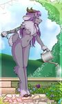  anthro breasts day eyes_closed featureless_breasts featureless_crotch hair hooves midriff navel nude outside purple_hair robyn_paperdoll sky smile standing 