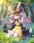  ;d animal animal_hat ascot black_cape black_hat blush bunny bunny_hat cape day dress flower forest frilled_hat frills full_body grass hand_on_headwear hands_up hat hat_flower hat_ribbon kneeling leaf light long_hair looking_at_viewer nature one_eye_closed open_mouth original outdoors pink_hair purple_ribbon ribbon roang sash smile solo tree upper_teeth witch witch_hat wrist_cuffs yellow_dress yellow_eyes 