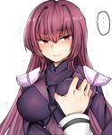  blush bodysuit breast_grab breasts closed_mouth commentary_request eyebrows_visible_through_hair fate/grand_order fate_(series) grabbing large_breasts long_hair looking_at_viewer out_of_frame pauldrons polearm pov pov_hands purple_bodysuit purple_hair red_eyes revision sabujiroko scathach_(fate)_(all) scathach_(fate/grand_order) simple_background smile solo_focus sweat trembling weapon white_background 