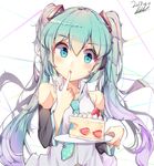  absurdres aqua_eyes aqua_hair bil-ajeossi blush breasts cake collarbone dated detached_sleeves food fruit hair_ornament hatsune_miku headphones highres holding holding_plate long_hair looking_at_viewer necktie open_mouth plate signature simple_background small_breasts solo strawberry twintails vocaloid 