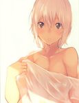  arms_at_sides bangs blonde_hair blush brown_eyes commentary fujiwara_mizuki hair_between_eyes index_finger_raised looking_at_viewer off_shoulder original parted_lips see-through shade shirt solo upper_body wet wet_clothes wet_shirt 