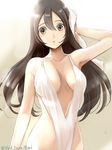  :o alternate_costume arm_at_side arm_up breasts breasts_apart brown_eyes brown_hair chikuma_(kantai_collection) collarbone contemporary drying drying_hair groin hair_between_eyes kantai_collection large_breasts long_hair looking_at_viewer parted_lips primary_stage sideboob solo twitter_username 