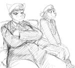  annoyed anthro army beret big_breasts black_and_white bored breasts canine clothed clothing dog duo english_text female fox happy hat hladilnik mammal military monochrome officer peggy_patterson samantha_thott simple_background slightly_chubby soldier text uniform wide_hips 