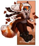  5_fingers anthro blue_eyes brown_nose clothed clothing eyelashes female fluffy fluffy_tail hair mammal red_panda robyn_paperdoll smile solo white_hair 