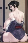  1girl ass black_hair breasts huge_breasts japanese_clothes looking_at_viewer mole okai original solo 