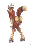  anthro antlers anus balls blue_eyes butt canine cervine deer fox fur hooves horn hybrid looking_back male mamma mammal multicolored_fur nude presenting presenting_hindquarters sabretoothed_ermine simple_background solo teasing tongue tongue_out 