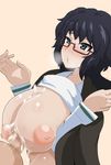  1boy 1girl areolae black_hair blue_eyes blush breasts breasts_outside cum cum_on_breasts girls_und_panzer glasses huge_breasts nipples oryou_(girls_und_panzer) paizuri penis 