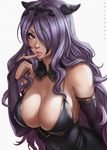  absurdres arm_at_side artist_name bangs bare_shoulders black_dress breasts bridal_gauntlets camilla_(fire_emblem_if) cleavage covered_navel covered_nipples dandon_fuga detached_collar detached_sleeves dress eyelashes finger_to_mouth fingernails fire_emblem fire_emblem_if hair_over_one_eye hand_up highres large_breasts lips lipstick long_fingernails long_hair looking_at_viewer makeup mascara nail_polish paid_reward parted_lips patreon_reward pink_lips pink_lipstick purple_eyes purple_hair seductive_smile sideboob simple_background smile solo thick_lips tiara upper_body very_long_hair wavy_hair white_background 