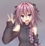  :d arm_at_side astolfo_(fate) bangs bare_shoulders black_bow black_shirt blush bow braid eyebrows_visible_through_hair eyelashes fang fate/apocrypha fate_(series) grey_hair hair_between_eyes hair_bow hair_intakes hair_ornament hair_over_shoulder hair_ribbon hand_up kurokage long_hair long_sleeves looking_at_viewer male_focus multicolored_hair open_mouth otoko_no_ko pink_hair purple_eyes purple_hair ribbon shirt shoulder_cutout single_braid sleeves_past_wrists smile solo standing streaked_hair turtleneck twitter_username upper_body v very_long_hair 