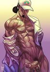  1boy abs bara cum dreadful_alibi erection facial_hair hat looking_at_viewer muscle penis pokemon pokemon_sm presenting smile solo testicles undressing 