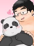  &lt;3 2017 bear blush cold_sweat eyewear glasses grey_eyes hands_on_shoulders human male male/male mammal overweight overweight_male panda panda_(wbb) simple_background spooning tsunamagero 