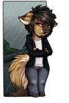  anthro black_hair black_nose brown_eyes canine clothed clothing hair male mammal robyn_paperdoll solo water 