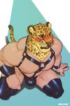  5_fingers anthro blush bulge feline jaguar kihu king_(tekken) kneeling looking_aside male mammal muscular pink_nose solo tekken video_games yellow_eyes 