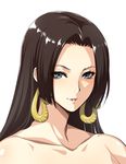  bangs black_hair blue_eyes boa_hancock collarbone commentary long_hair looking_at_viewer one_piece parted_bangs parted_lips portrait simple_background smile snake_earrings solo white_background zucchini 