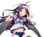  ahoge arm_up black_hair black_wings buruma cowboy_shot floating_hair gym_uniform hair_ribbon hairband midriff navel official_art one_eye_closed pointy_ears purple_eyes purple_hair red_eyes ribbon solo stomach sweatdrop sword_art_online sword_art_online:_code_register thighhighs transparent_background white_hairband white_ribbon wings yuuki_(sao) 