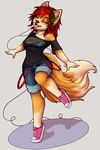  4_fingers anthro brown_nose canine closed clothing ear_piercing eyelashes eyes_closed female footwear fox fur hair headphones mammal orange_fur piercing red_hair robyn_paperdoll shoes simple_background smile solo wide_hips 