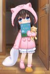  animal_hood animal_slippers azuki_yui bangs black_hair bloomers blue_eyes book commentary_request covering_mouth eyebrows_visible_through_hair hair_between_eyes holding holding_pillow hood idolmaster idolmaster_cinderella_girls indoors long_hair looking_at_viewer pillow pink_legwear pink_sweater sagisawa_fumika shoes single_shoe sleeves_past_wrists solo stuffed_animal stuffed_toy sweater underwear younger 