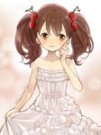  bangs bare_shoulders blush bow breasts brown_eyes brown_hair collarbone dress food_themed_hair_ornament formal gown hair_between_eyes hair_bow hair_ornament hand_on_own_cheek kantai_collection lifted_by_self looking_away looking_to_the_side nervous_smile parted_lips pink_background primary_stage ryuujou_(kantai_collection) skirt_hold small_breasts smile solo strapless strapless_dress strawberry_hair_ornament twintails twitter_username upper_body white_dress 
